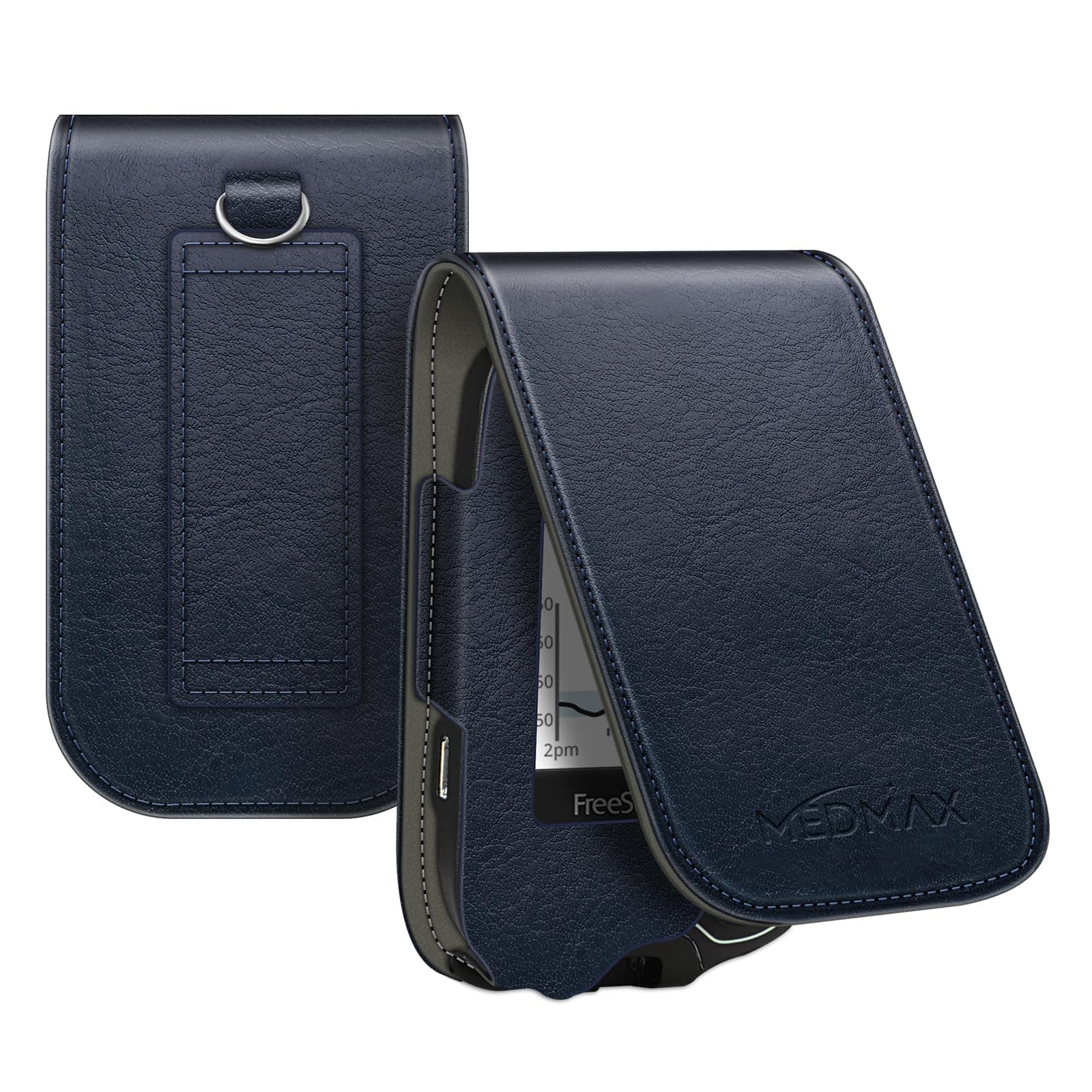 PU Leather Protective Case for Freestyle Libre 3 2 / Libre Reader, Lightweight Shockproof Diabetic Storage Carrying Case with Carabiner Clip and Handle (Navy)