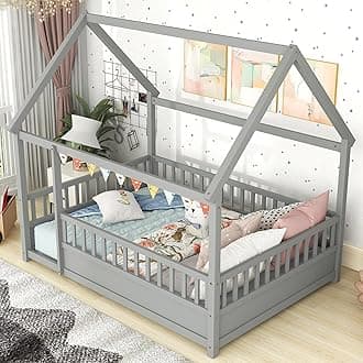 Kids Montessori Bed Full Size, Full Floor Bed with High Fence, House Bed for Kids, Girls, Boys, Wood Montessori Floor Bed Without Slats(Gray Full)