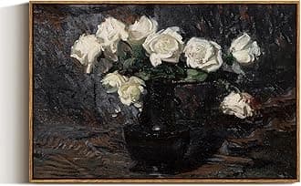 VIYYIEA Framed Flower Wall Art Home Decor, Vintage Botanical Prints, White Roses in Vase Rustic Farmhouse Wall Decor, Mid Century Pictures Decor Art Prints, Floral Room Decor for Living Room Bedroom