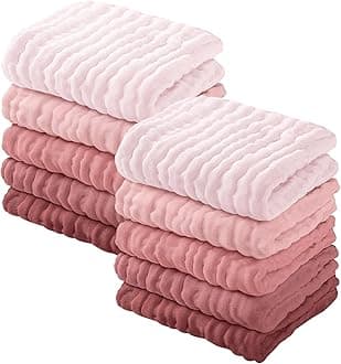 Yoofoss Muslin Baby Washcloths 100% Organic Cotton Face Towels 10 Pack Wash Cloths for Baby 12x12in Soft and Absorbent Baby Wipes (Gradient Pink)