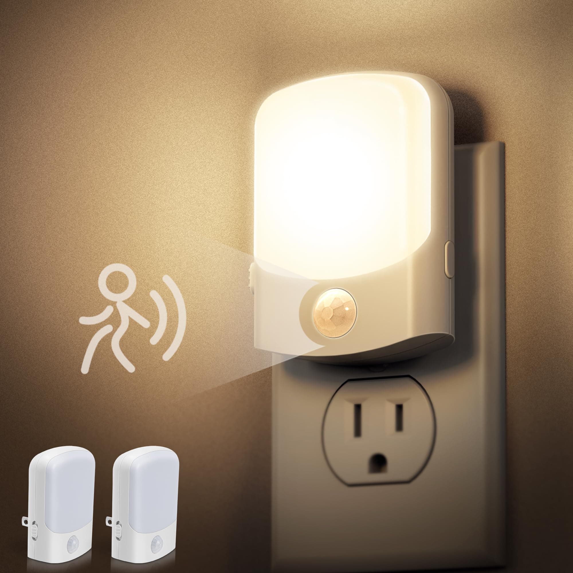 DORESshopMotion Sensor Dusk to Dawn Night Light, 2Pack Dimmable Plug in 30/60/100LM Soft White, 1W Night Lights for Bedroom, Kids Room, Bathroom