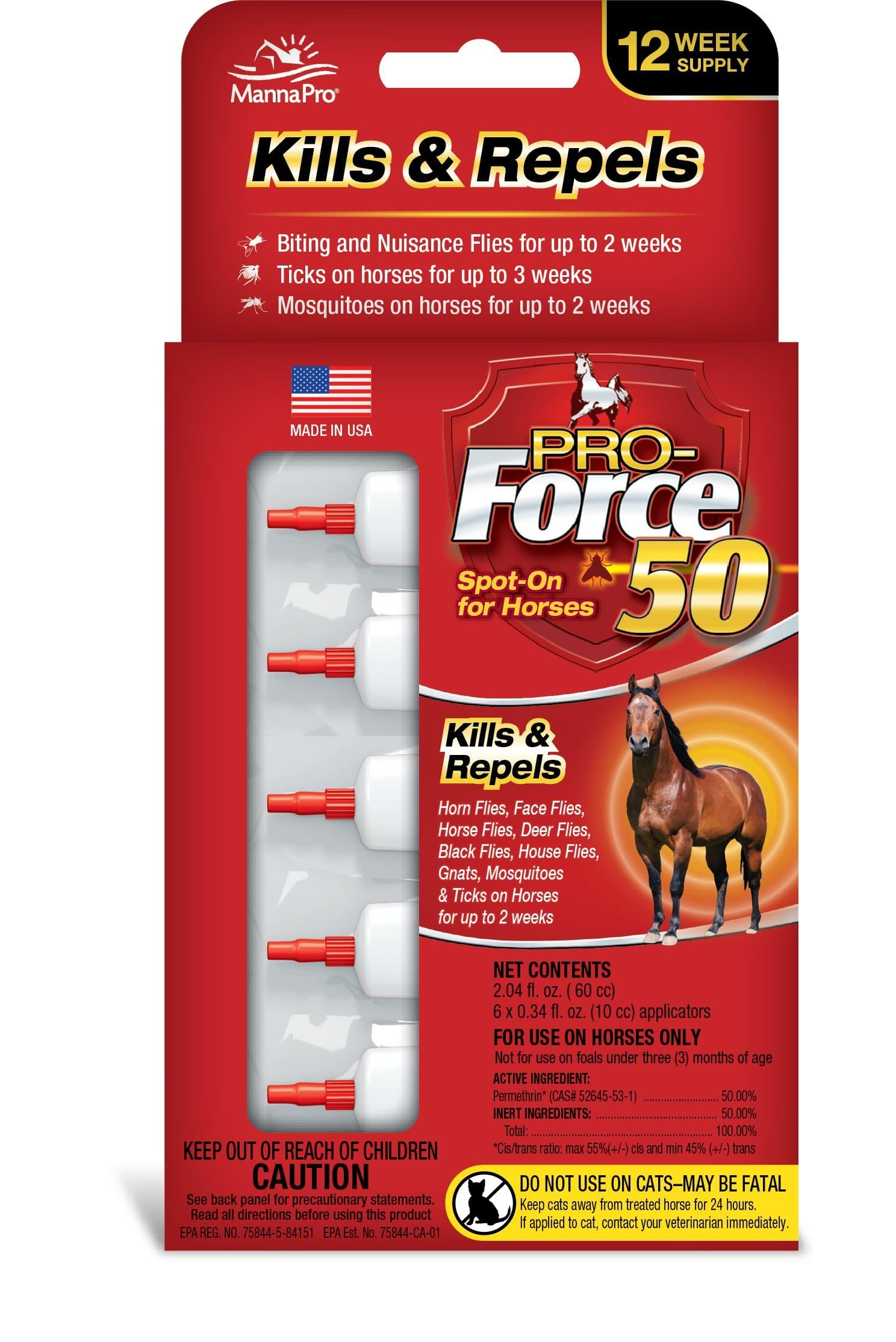 Manna Pro Pro-Force 50 Spot-On Fly Control for Horses, 6Count