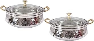 INDIAN ART VILLA Stainless Steel Hammered Design Handi/Bowl/Casserole with Toughened Glass Lid & Brass Knob & Handles, Volume-2200 ml, Pack of 2