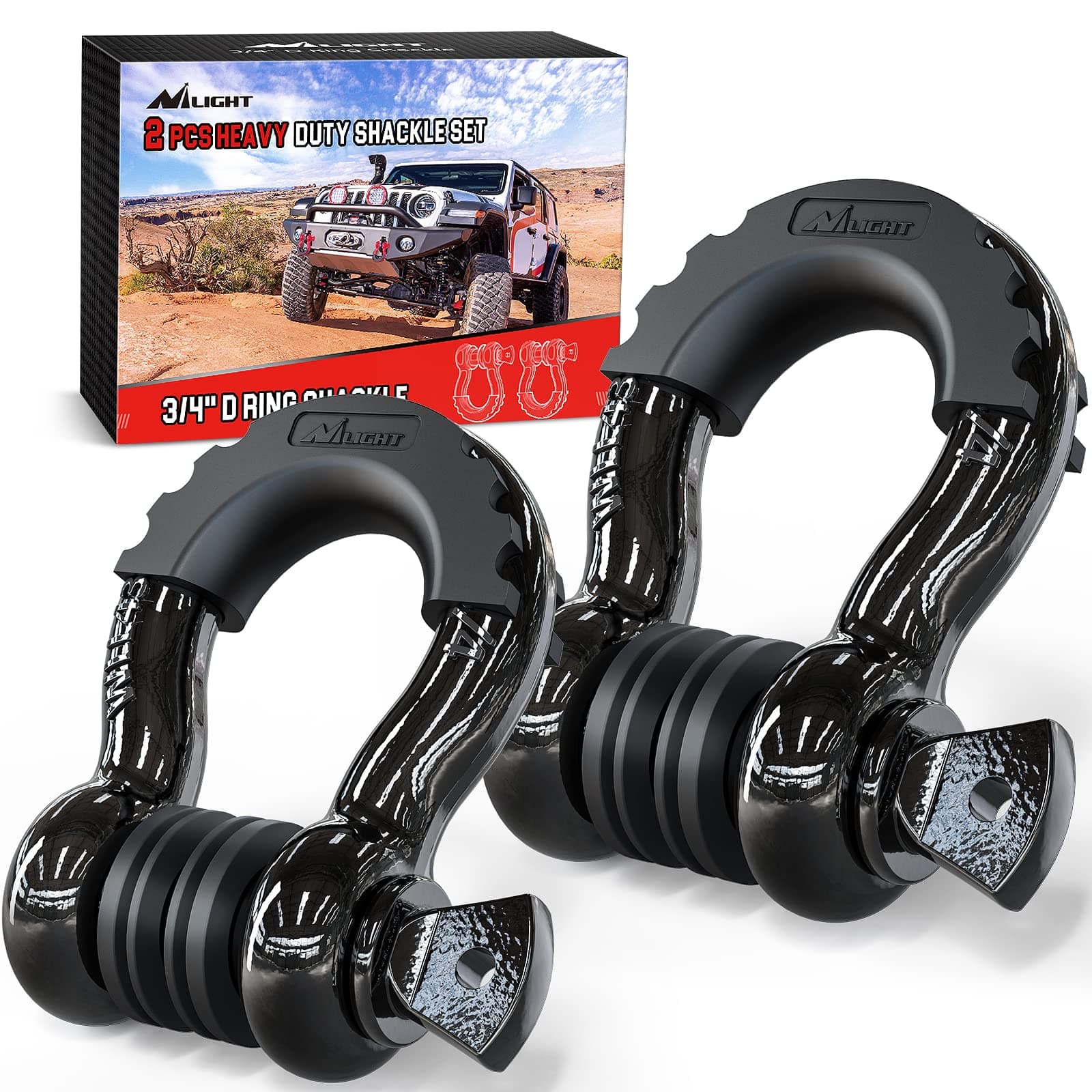 Nilight - 90052B 2 Pack 3/4" D-Ring Shackle 4.75 Ton (9500 Lbs) Capacity with 7/8" Pin Heavy Duty Off Road Recovery Shackle with Isolators & Washer Kit for Jeep Truck Vehicle , Black