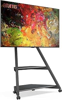 FITUEYES Design Corner TV Stand with Wheels for 43 55 65 70 75 Inch TV, Black TV Cart Floor Stand, Modern TV Stand with Wooden Storage Shelves, Eiffel Series