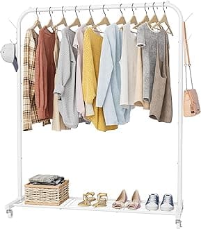 HOMIDEC Clothes Rail, Portable Clothes Rack with Hook and Metal Storage Shelf, Heavy Duty Clothes Rail on Wheels, Clothes Rails for Bedroom, Hanging Rails for Clothes, Holds up to 40 kg, White