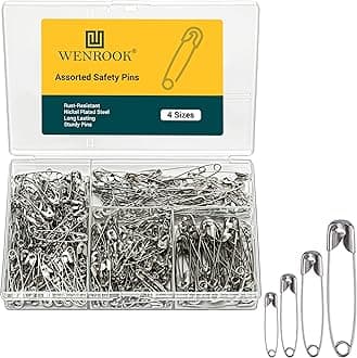 Wenrook 300 Pack Safety Pins Assorted, 4 Different Sizes, Strong Nickel Plated Steel, Safety Pins for Clothes, Crafts, Pinning and More