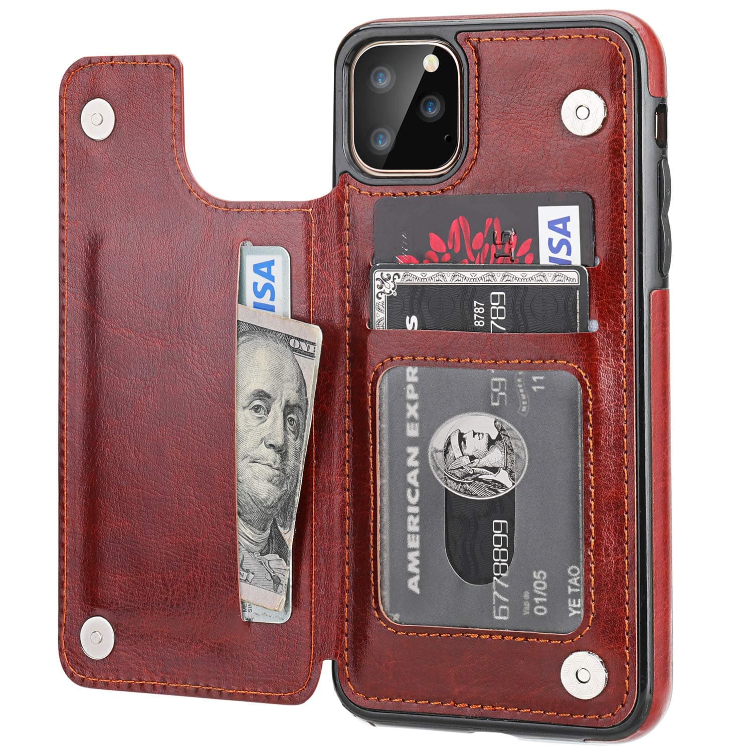 for iPhone 11 Pro Max Wallet Case with Card Holder,OT ONETOP PU Leather Kickstand Card Slots Case,Double Magnetic Clasp and Durable Shockproof Cover for iPhone 11 Pro Max 6.5 Inch (Brown)