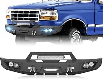 for F150 F250 F350 F450 Front Bumper Compatible with 1992 1993 1994 1995 1996 1997 Ford F-150 F-250 F-350 F-450 with 5 x LED Lights, Winch Plate, License Plate Bracket, Sensor Holes & D-rings