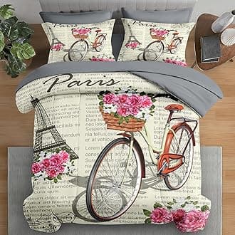 Comforter Set King Size, Paris Vintage Bicycle 7 Pcs Bedding for Kids and Adults, Flower Bike Retro Bed Sheet Sets with Fitted Sheet 2 Pillowcases & 2 Shams for Bedroom Bed Decor