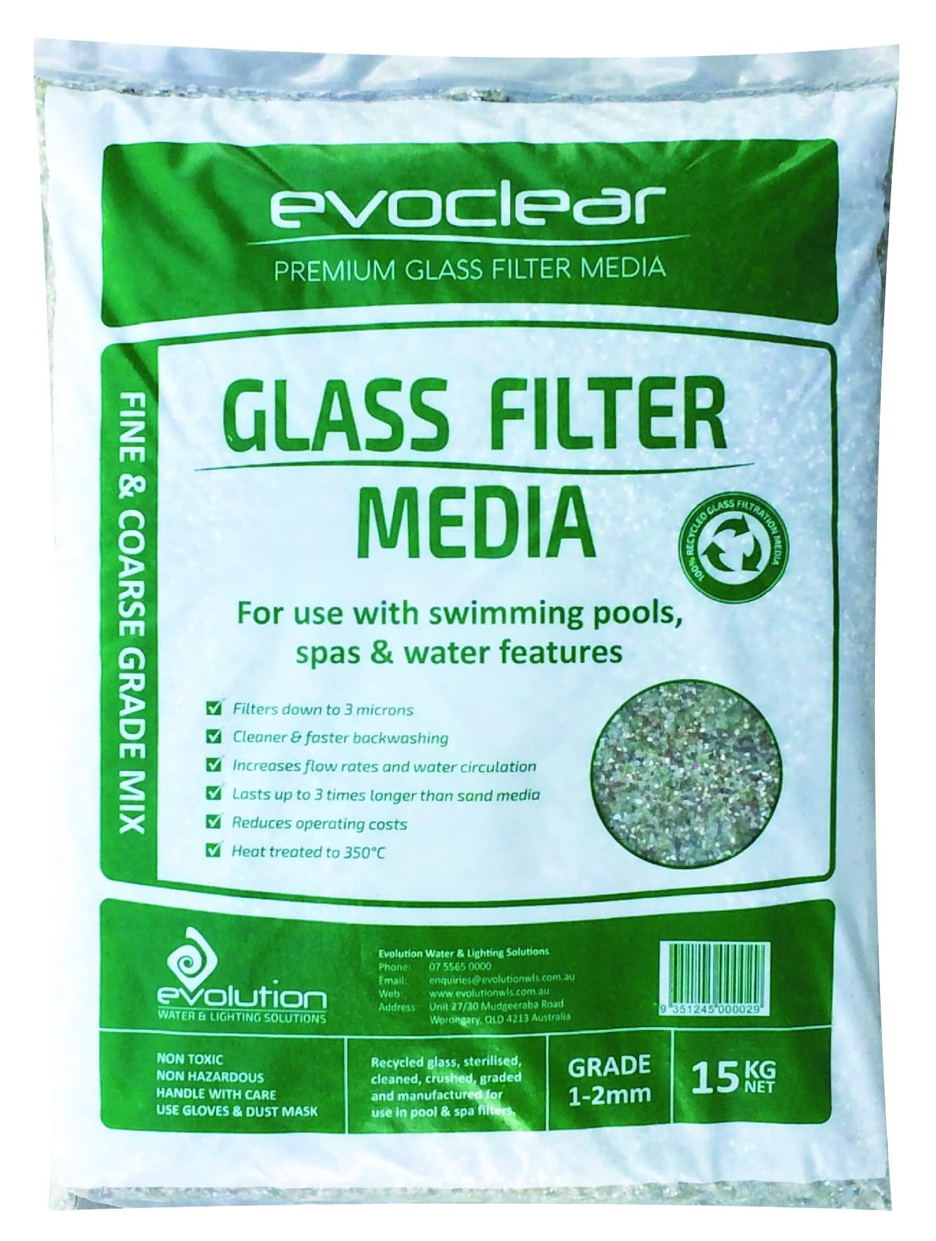 Swimming Pool Filter Sand Replacement Glass Media by Evoclear: Reduce Water, Pool & Spa Chemical & Pump Power Costs. Sustainable Recycled Glass. Easy to Handle -15kg Bags of 1-2 mm Single Grade Mix.