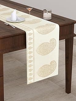 BLOCKS OF INDIA Hand Block Printed Cotton Table Runner for Center/Dining Table (13 x 72 Inches) (Gold Pine Tree)
