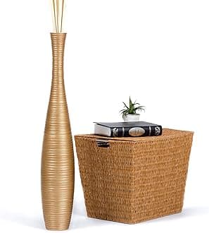 Large Gold Home Decor Floor Vase - Wooden 34 inch Tall Farmhouse Decor Flower Holder for Fake Plant and Pampas Grass