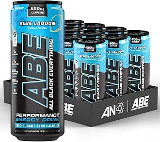 ABE Pre Workout Cans - All Black Everything Energy + Performance Drink, ABE Carbonated Beverage Sugar Free with Caffeine (Pack of 12 Cans x 330ml) (Blue Lagoon)