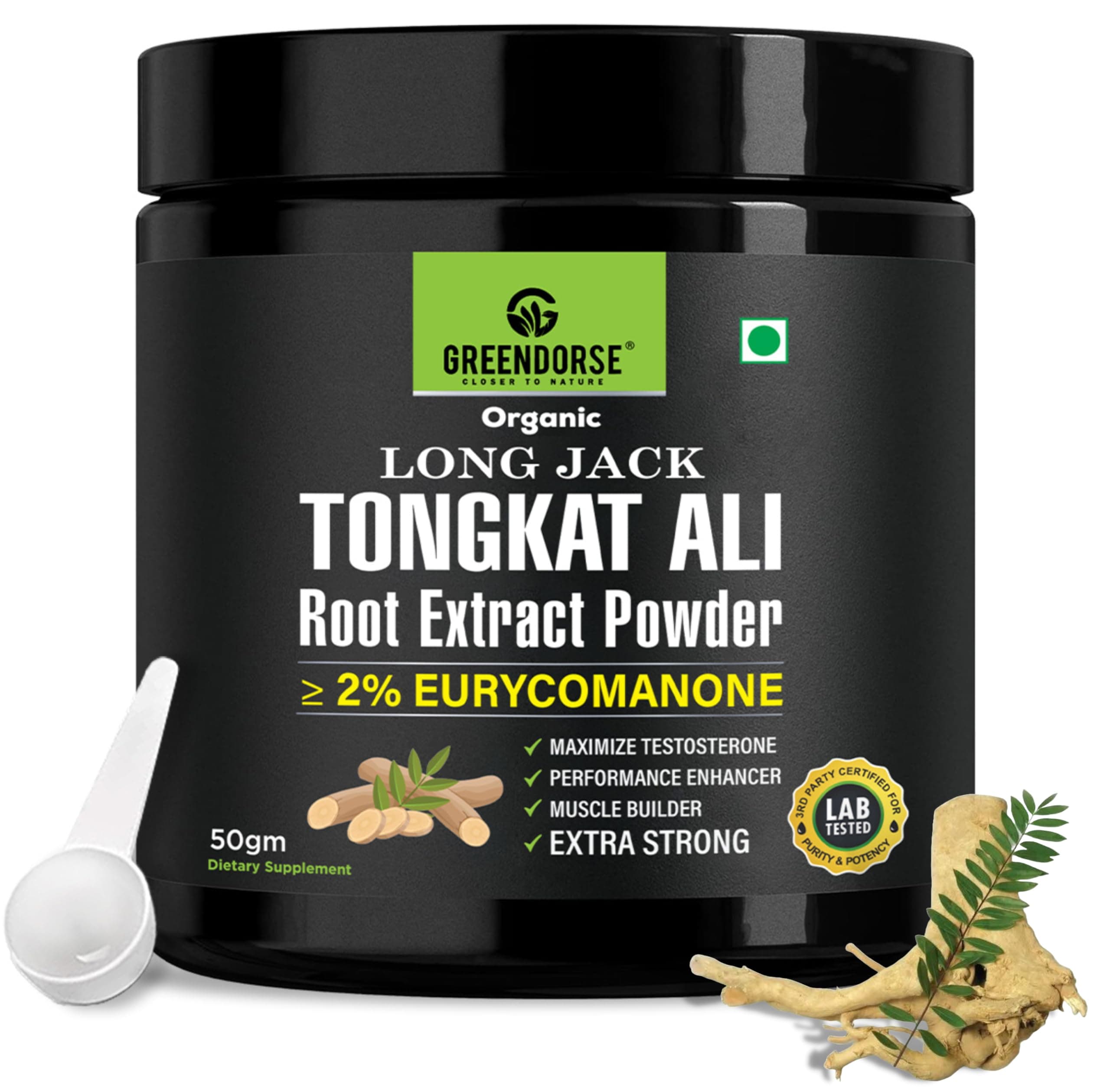 Organic Tongkat Ali Longjack Root Extract Powder, 2% Eurycomanone | 3 Months Supply | Enhanced T-Level, Stamina and Stress tolerance, Vegan Friendly, 50g