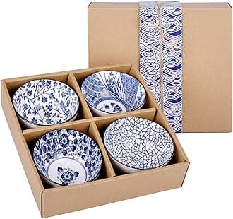 VanEnjoy Set of 4 Japanese Style Ceramic Rice Bowl with Gift Box,Blue and White Pattern Bowls Set,Underglazed Dinnerware, For Dessert Snack Cereal Soup Portion Control Bowl