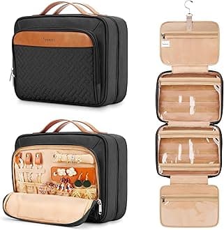 COOSKY Travel Hanging Toiletry Bag for Women, Holds Full-Size Shampoo, with Jewelry Organizer Compartment, Extra Large Makeup Bag, Waterproof Cosmetic Bag, Toiletries Kit Set, Black, Medium, Cute