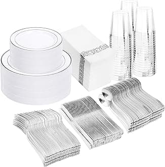 WDF Partyware350 Pcs Silver Plastic Plates - Silver Dinnerware Set of 50 Dinner Plates 50 Dessert Plates 50 Silverware 50 Napkins 50 Cups for Party&Wedding