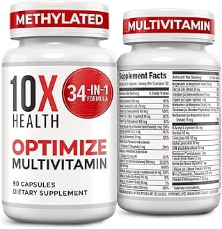 10X Health Optimize Multivitamin for Men - 90 Capsules, Methylated Multivitamin 34 in 1 Formula with 800 mcg of Vitamin B12, 5-MTHF, NAC - Methyl B Complex, MTHFR Supplement
