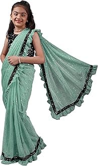 Kids Girls Lycra Blend Saree With Unstitched Sequence Blouse Piece (3-4 yrs to 11-12 yrs) (Sky Blue, 7-8 Years - L)