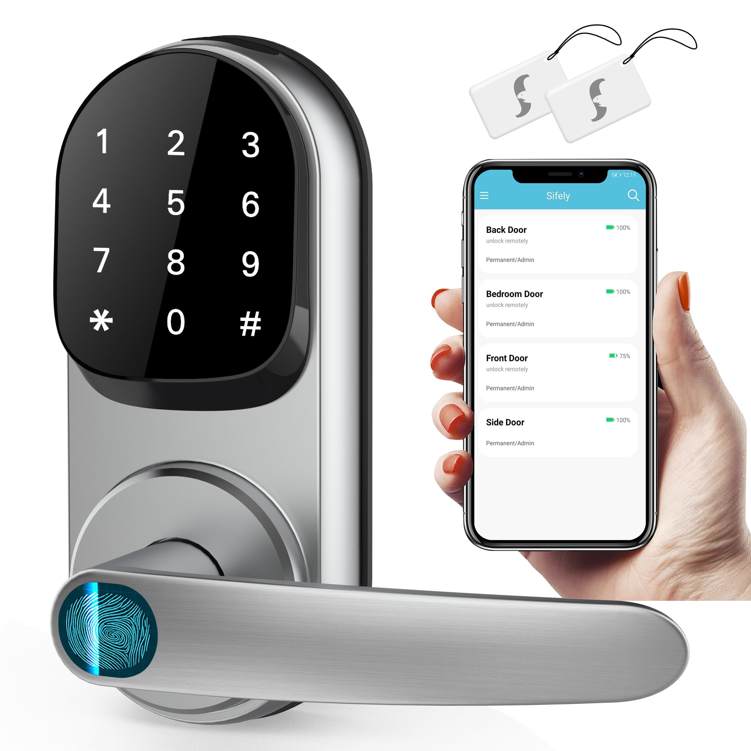 Sifely Keyless Entry Smart Lock - Fingerprint & Keypad Access, Front Door Handle, Silver