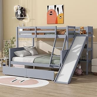 Twin Over Full Bunk Bed with 2 Drawers and Slide, Wood Bunk Bed Frame with Shelves and Ladder, Space Saving Design Bunk Bed for Kids Teens Boys Girls (Grey-x32c)