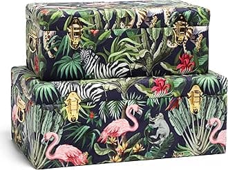Beautify Storage Trunks Set of 2 - Eclectic Jungle Print Velvet Storage Chests with Black Handles, Stylish Stackable Bedroom Storage for Bedroom, Living room, Dressing room