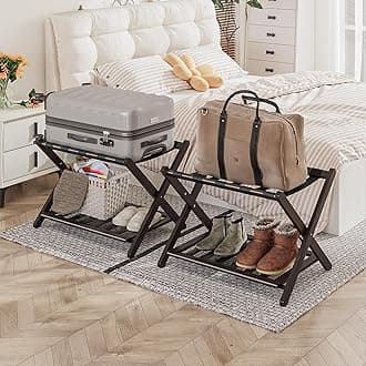Pack of 2 Fully Assembled Bamboo Luggage Racks, Folding Suitcase Stand with Shoe Shelf, 5 Nylon Straps, Heavy Duty, Luggage Stands Ideal for Guest Room, Bedroom, Hotel, Espresso