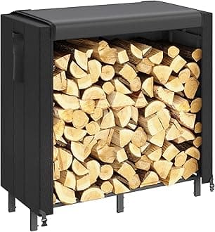 4 FT Firewood Rack Outdoor with Waterproof Cover, Indoor/Outdoor Wood Storage with Side Pocket, Heavy Duty Firewood Holder for Fireplace, Fire Pit, Black, 122 x 59 x 122 cm/48 x 23 x 48 inch