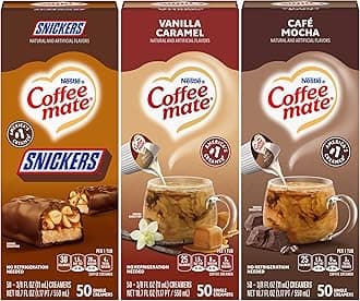 Liquid Coffee Creamer Singles Variety Pack, Snickers, Vanilla Caramel, Cafe Mocha, 50 Ct Box (Pack of 3)
