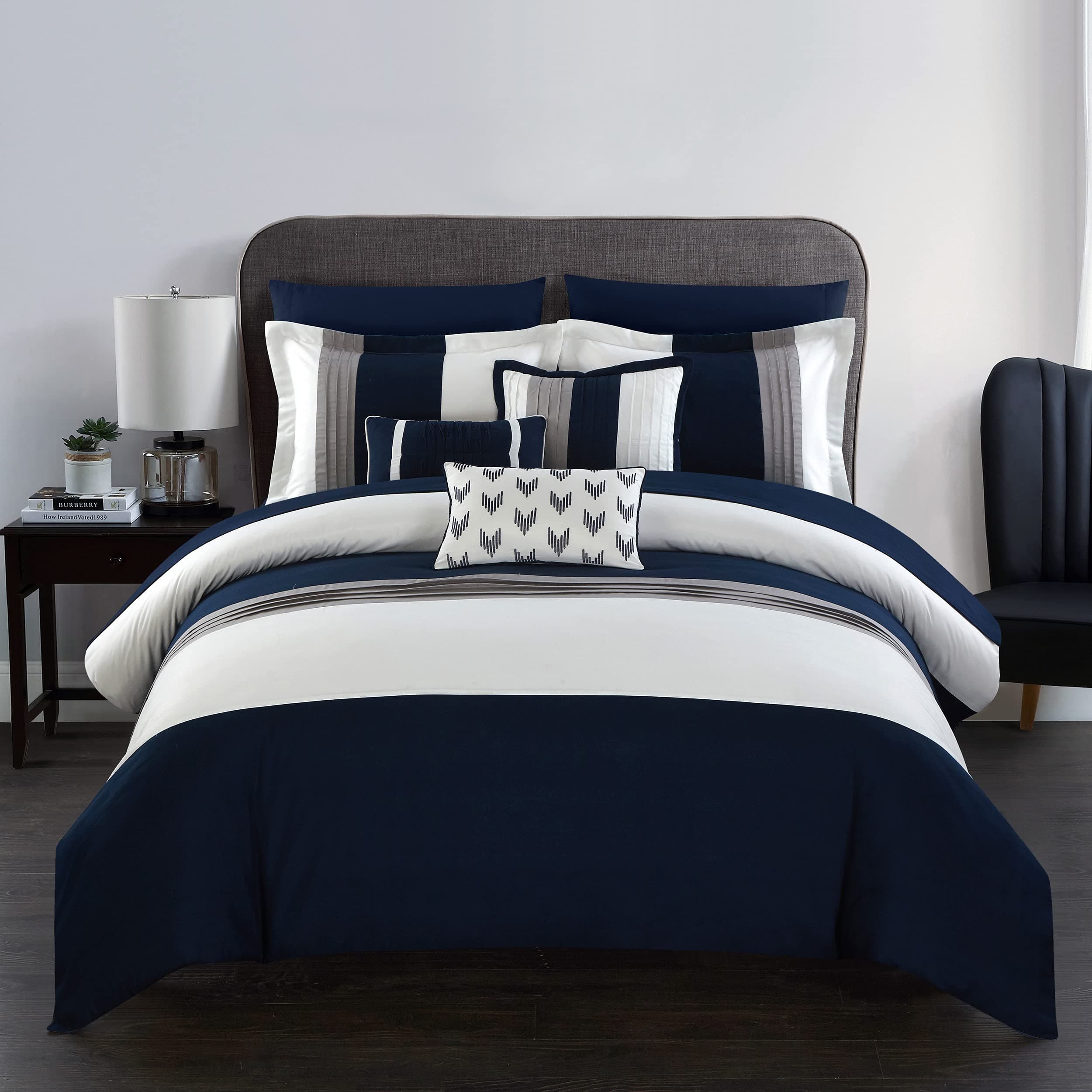Chic Home Navy Bed in a Bag Comforter Set, Queen Size (10 Pieces), Ayelet - Color Blocked Stripes Premium Microfiber Bedding - Comforter, Flat & Fitted Sheets, Shams, Pillowcases & Decorative Pillows