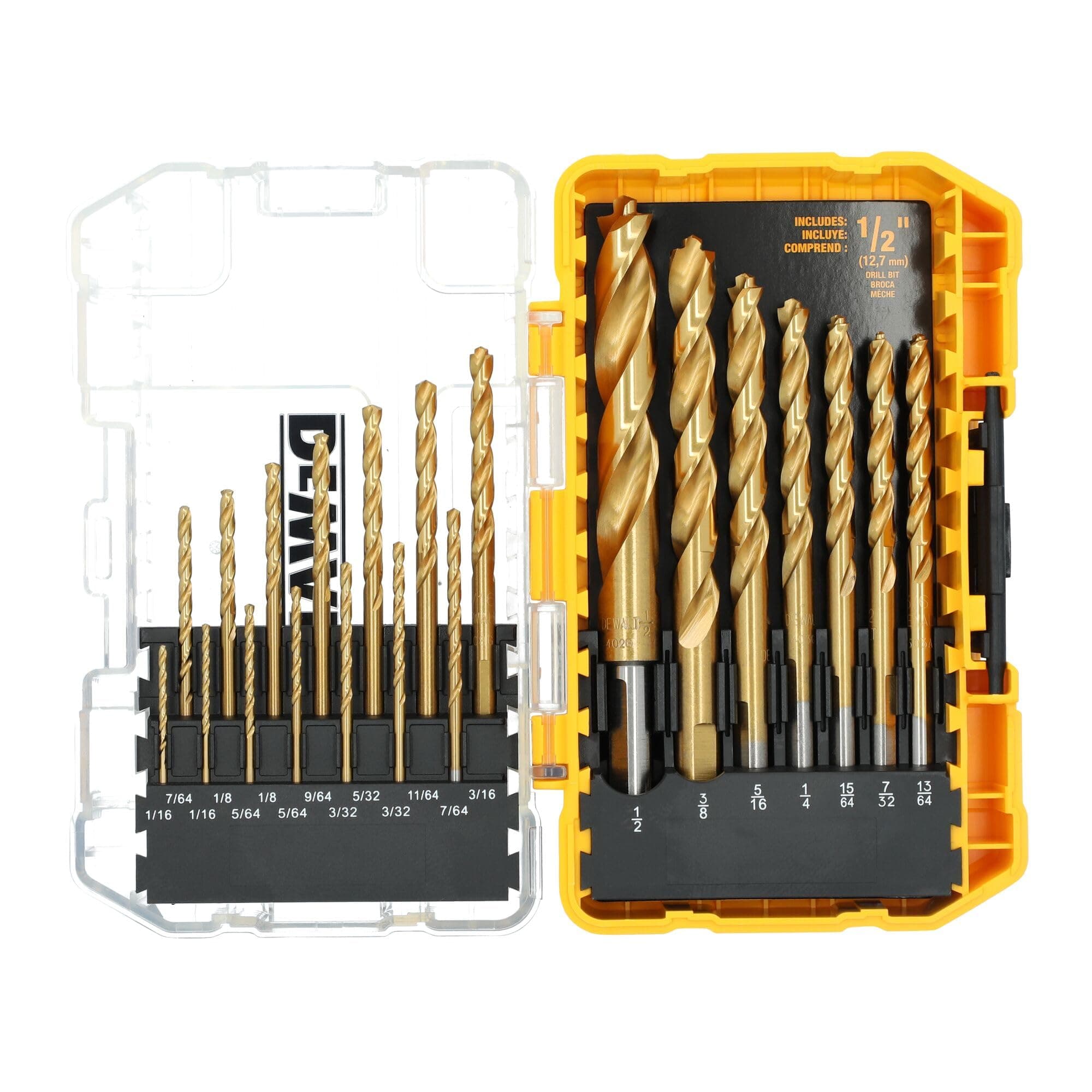 Drill Bit Set, 21 Pc. Titanium Nitride Coated Pilot Point DEWALT Bit Set with Case for Wood, Metal and Plastic (DW1361)