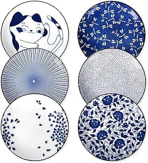 Selamica8 Inch Ceramic Dessert Plates, Appetizer Plates for Serving Snacks Pasta, Microwave Dishwasher Safe, Set of 6, Blue