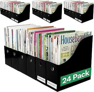 Evelots Magazine File Holder - Set of 24 Black - Office Desk Organizer - Sturdy Cardboard - New Upgraded Double Front Panel for More Stability - Full 4 Inch Wide - Easy Assemble