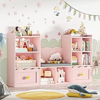 Kids Bookshelf with Reading Nook, Kids Bookcase with Soft Cushion Seat, 2 Wheels Drawers and 8 Storage Cubbies, Toy Storage Organizer for Kid's Room Playroom, Bedroom, School, Pink
