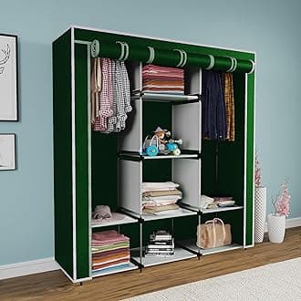 Maison & Cuisine Collapsible Wardrobe Closet for Clothes Almira, 2 Hanging Space, 8 Shelves Non-Woven Fabric 90 GSM (88230) (Green)