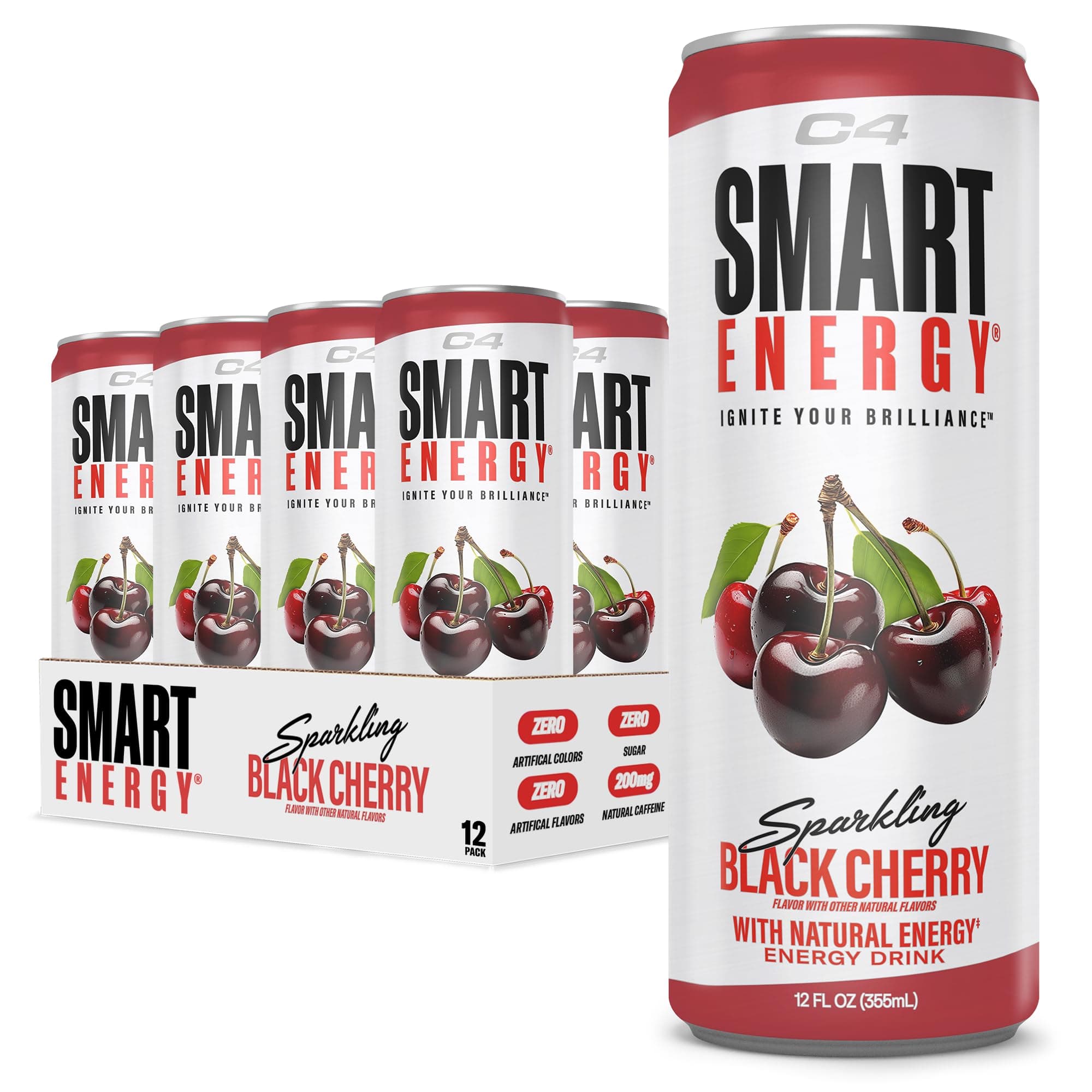 Smart Energy Drink – Boost Focus and Energy with Zero Sugar, Natural Energy, and Nootropics - 200mg Caffeine - Black Cherry (12oz Pack of 12)