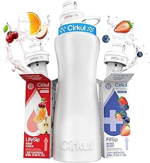 - 22oz. White Stainless Steel Water Bottle Starter Kit with Blue Lid, 2 Flavor Cartridges (1 LifeSip Fruit Punch and 1 FitSip Mixed Berry) No Sugar, Zero Calorie Drink Mix