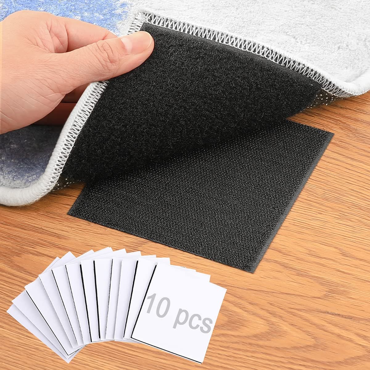 Rug Tape Pad, Rug Anchors Carpet Hook and Loop Non-Slip Mat Anti-Skid Stickers (10PCS, Black)