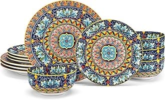 vancasso 12 Pieces Dinnerware Sets, Yellow Plates and Bowls Set, Porcelain Dishes Set for 4, Microwave and Dishwasher Safe, Scratch Resistant, Bohemian Style Dining Ware Service for 4, Series SIMI