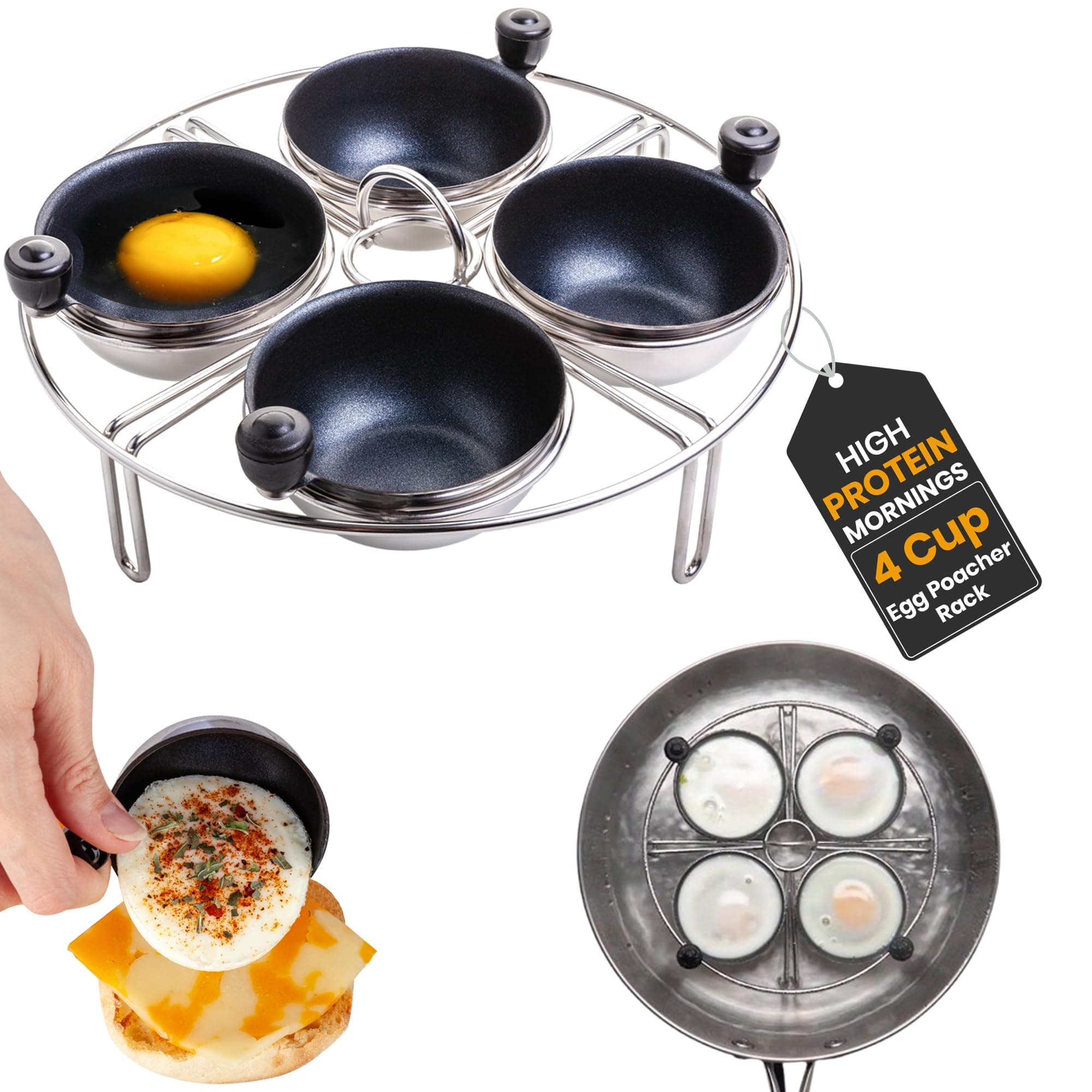 Egg Poacher Insert Stainless Steel Poached Egg Cooker Eggs Poaching Cup PFOA Free Egg Poachers Nonstick, 7.25" Rack Compatible with Current Cookware, Skillets & Instant Pots