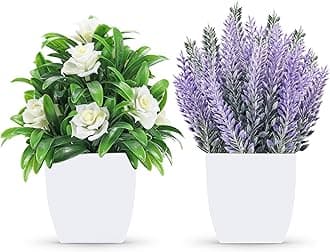 Der Rose 2 Packs Small Fake Plants Faux Plants Indoor with Flowers for Home Bathroom Kitchen Office Desk Decor