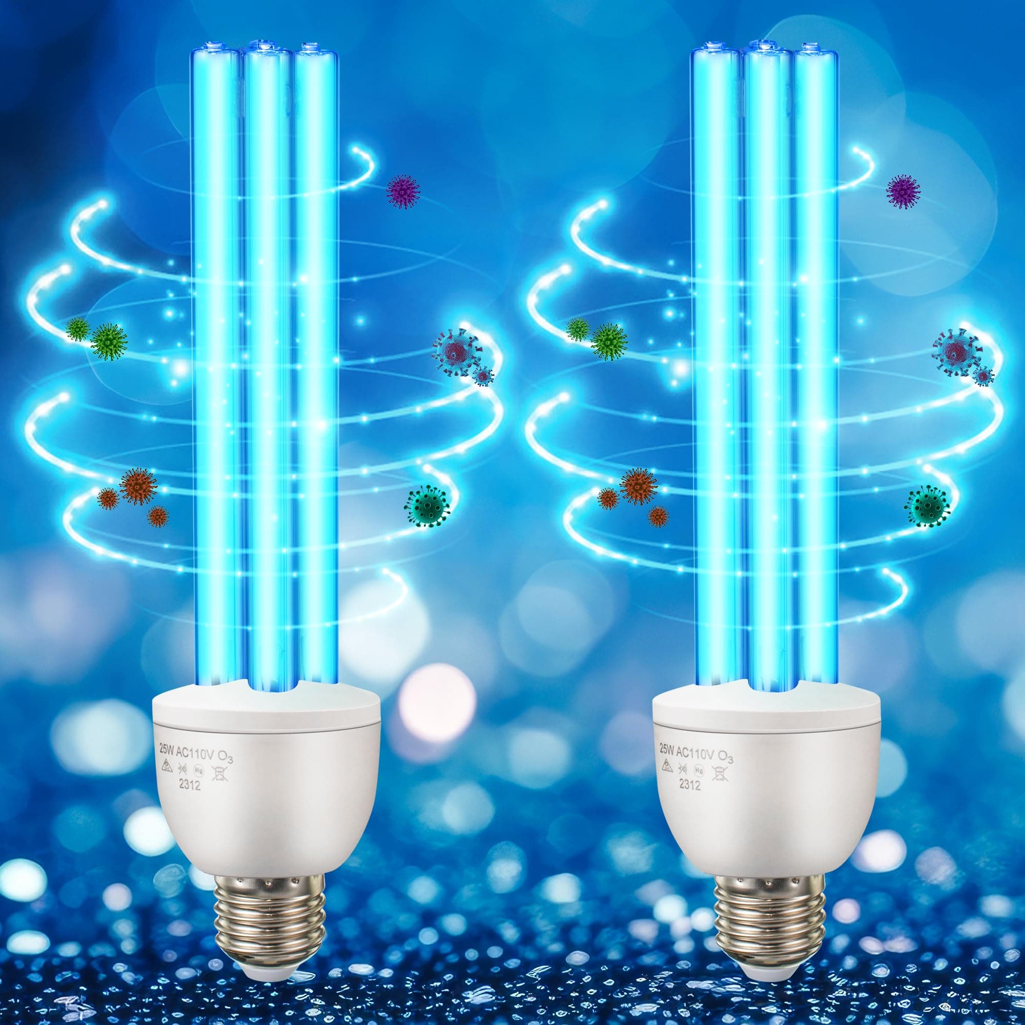 Qualirey 2 Pack UV Germicidal Light Bulb with Ozone, 25 Watt Replacement UVC Lamp E26 E27 110V, UV Light Bulb for Basement Bedroom Kitchen to Kill Germs, Bacteria, Kill Mites