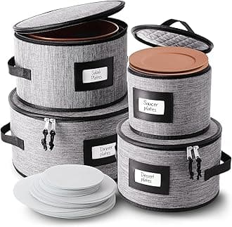 Fine China Storage Containers Hard Shell, 4 Piece Dish Storage Containers, Quilted Plate Storage Containers, Stackable Dish Organizer with Dividers, Dinnerware Storage for Moving and Seasonal Storage