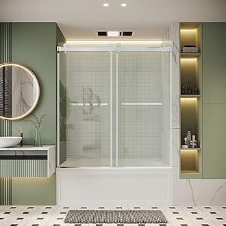 Frameless Bathtub Shower Door, 56"-61" W x 60 "H, Width Adjustable, SGCC Certified 3/8" (10 mm) Clear Tempered Glass, Dual Sliding Shower Door, Stainless Steel Brushed Nickel Finish DS01