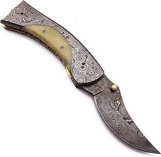 Premium Damascus Folding Pocket Knife – Ultimate Tactical Gear for EDC, Hunting, Survival, and Camping – Full Tang Bone Handle & Handcrafted Cowhide Leather Sheath for Men and Women-(DCF30 - Ladder)
