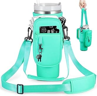 Water Bottle Carrier Bag with Phone Pocket for Stanley 40 & 30 oz Tumbler with Handle,Pink Insulated Neoprene Cup Holder Pouch w/Adjustable Strap for Quencher H2.0 Stanley Cup Accessories