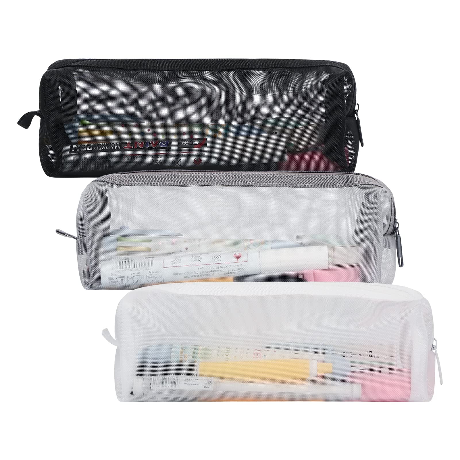 Colorlife Mesh Pen Bag, 3 Pack Zipper Mesh Pouch, Multifunctional Clear Pencil Case Organizer Stationery Storage Bag for Office Supplies Cosmetics Makeup Travel Accessories