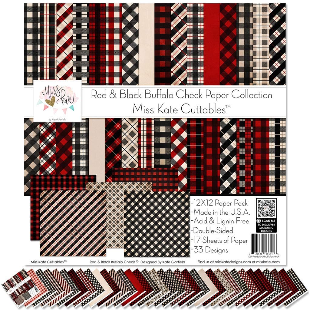 Pattern Paper Pack - Red & Black Buffalo Check - 17 Double-Sided 12"x12" Collection Includes 34 Patterns - Scrapbooking Card Making Crafting - by Miss Kate Cuttables