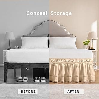 MIYE Wrap Around Ruffled Lace Bed Skirt, Elastic Dust Ruffle with Adjustable Belts, Easy to Put On, Bed Frame Cover, Machine Washable (Floral Lace/Cream, King/Queen-18 Drop)